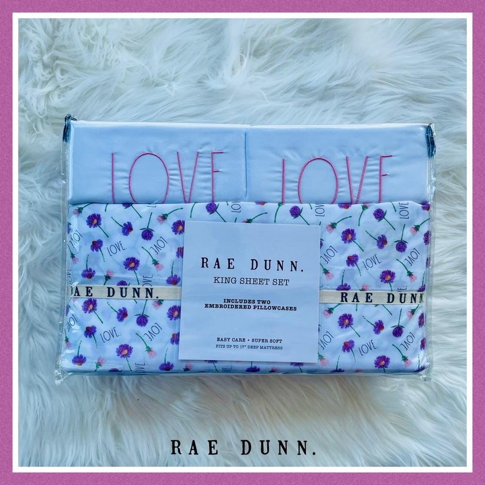 Rae Dunn Valentine’s Pink & Purple Love Flower King 4-Piece Sheet Set